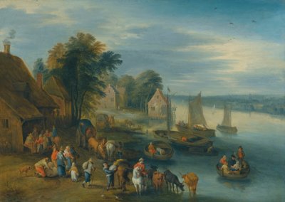 A River Landscape with Villagers Unloading Their Boats by Theobald Michau